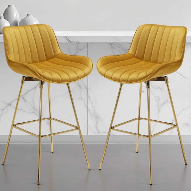 HomeRoots Set of Two 29" Yellow and Gold Velvet and Metal Low Back Bar Height Swivel Bar Chairs - Bar Height - Set of 2 - Yellow