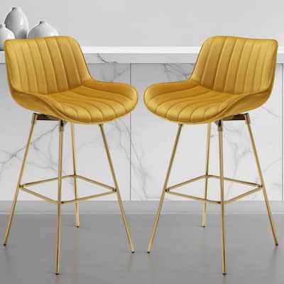 HomeRoots Set of Two 29" Yellow and Gold Velvet and Metal Low Back Bar Height Swivel Bar Chairs