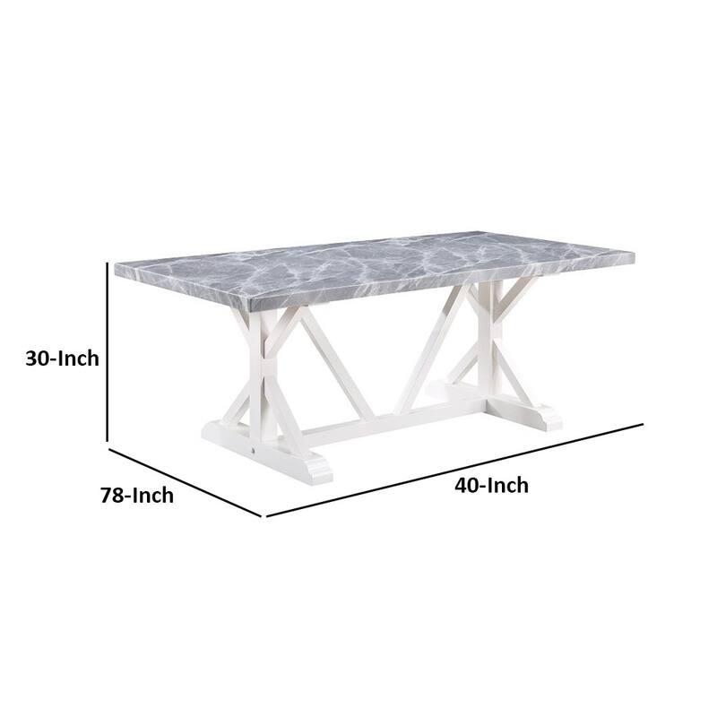 Joyce 78 Inch Dining Table, Modern Faux Stone Top, White Finished Wood Base