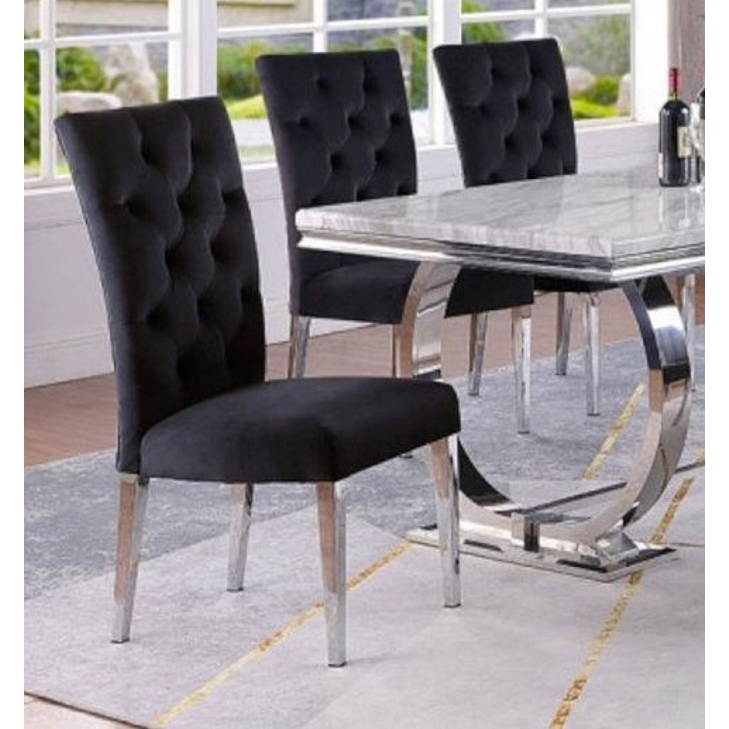 Modern Velvet Upholstered Dining Chair Set of 2, Chrome Finish Legs Tufted Kitchen Chair, Black