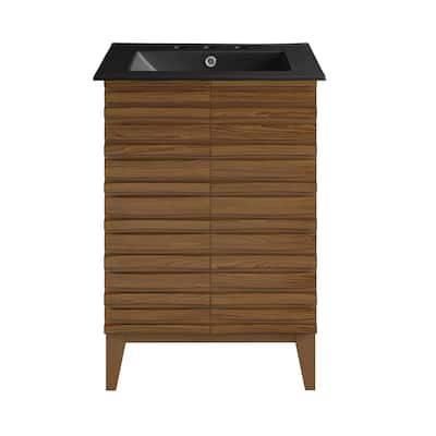 Cascade 24 In. Brown Oak Bathroom Vanity With Black, 3-Hole Ceramic Sink Top
