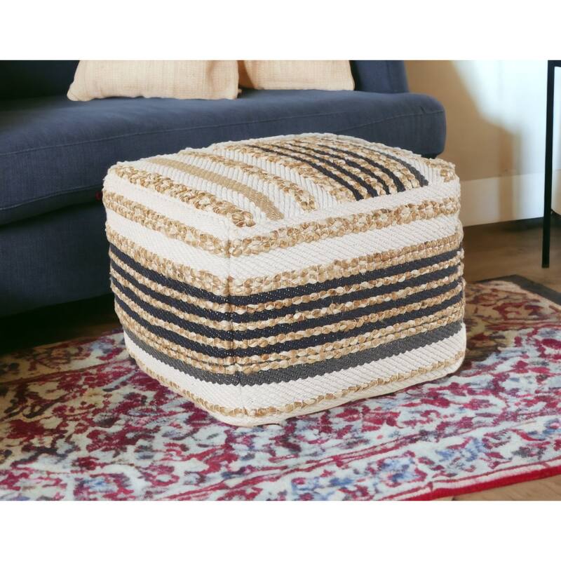 Tan Geometric Pouf Ottoman for Living Room Footrest or Extra Seat