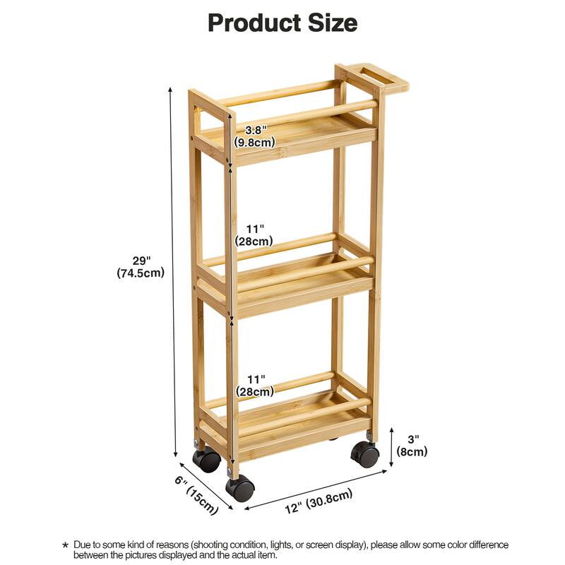 Anmytek 3-Tier Bamboo Kitchen Rolling Cart - Multi-Purpose Mobile Trolley with Lockable Wheels