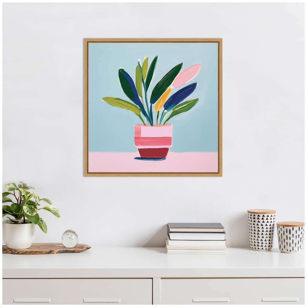 Kate and Laurel Sylvie Playful Potted Plant Still Life Framed Canvas by The Creative Bunch Studio
