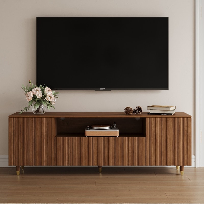 71" Mid-Century Modern Brown Wood Living Room TV Stand with Storage Cabinets & Open Shelves