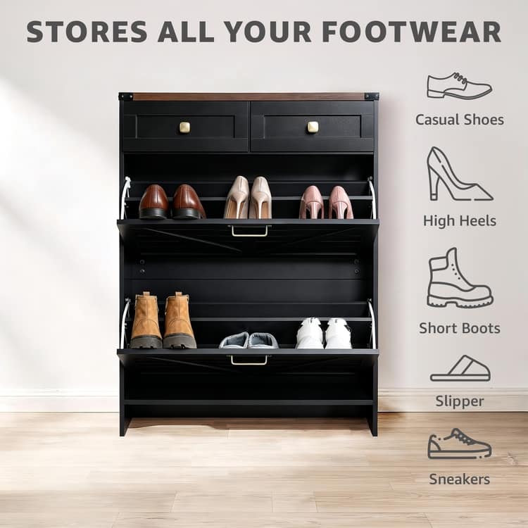 Farmhouse Shoe Cabinet with 2 Flip Drawers and 2 Storage Drawers – Slim Entryway Shoe Storage Cabinet, Narrow Shoe Organizer
