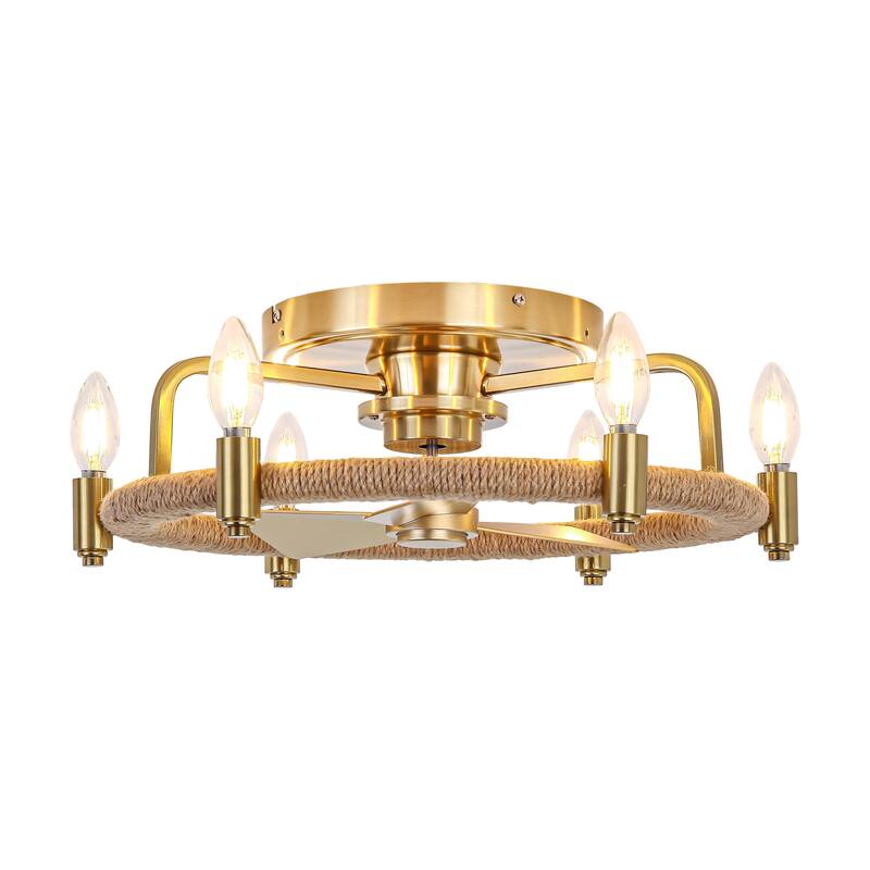 20" Gold Farmhouse Hemp Rope Low Profile Ceiling Fan with Light and Remote - 20.3 in. W × 6.5 in. H