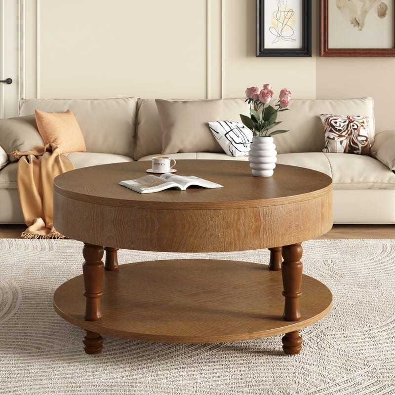 Modern Round Coffee Table with Dual Storage and Flip-Top Design for Living Room Organization