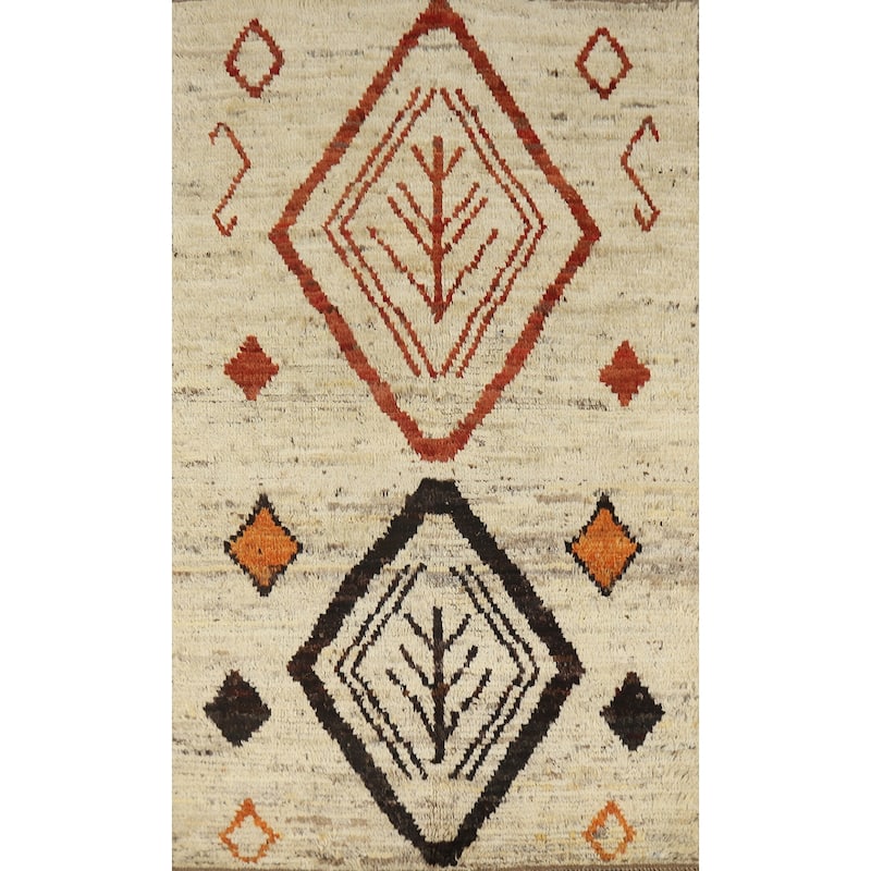 Moroccan Oriental Rug Handmade Beige Tribal Wool Carpet - 3'9" x 6'2"