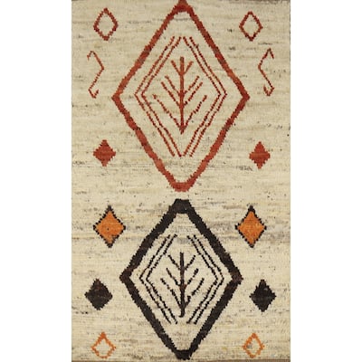 Moroccan Oriental Rug Handmade Beige Tribal Wool Carpet - 3'9" x 6'2"