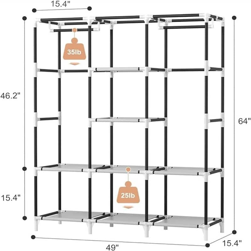 Portable Closet Wardrobe for Hanging Clothes with 2 Hanging Rods and 8 Storage Organizer Shelves - 15.4"D x 49"W x 64"H
