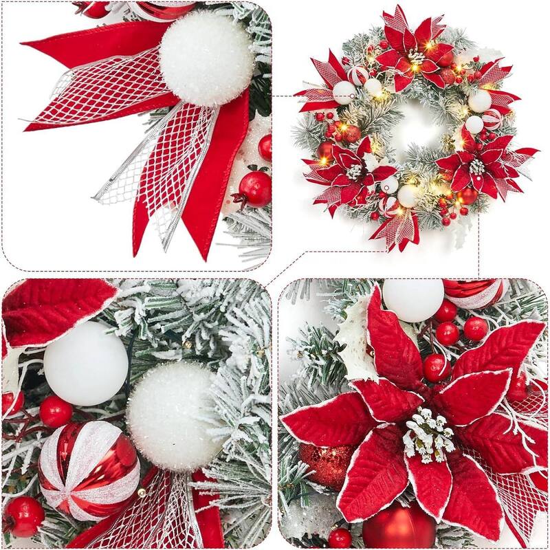 24 Inch PVC Christmas Wreath, Pinewood Red and White Garland for Front Door, Fireplace - N/A
