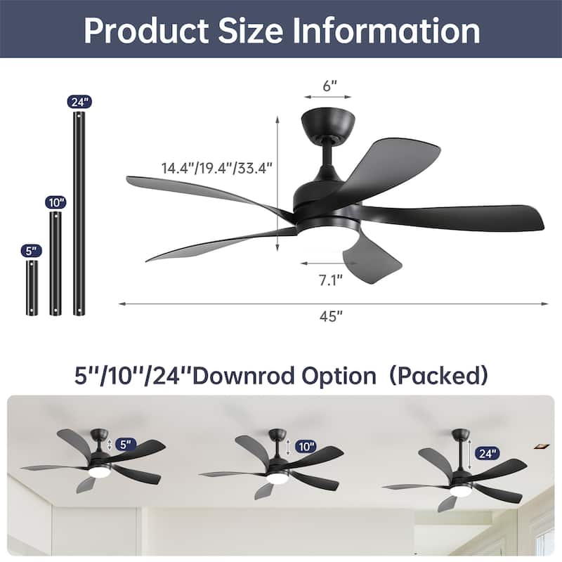 45 Inch Matte Black Smart Ceiling Fan with Light