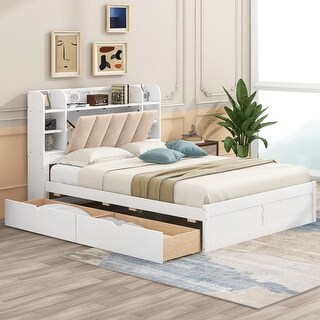 Simple & Natural Wood Queen Size Platform Bed with Upholstery Headboard ...