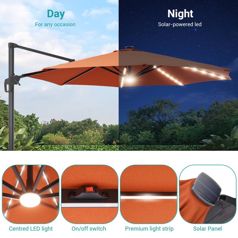 BONOSUKI 11FT LED Cantilever Patio Umbrella Angle Adjustment With Base