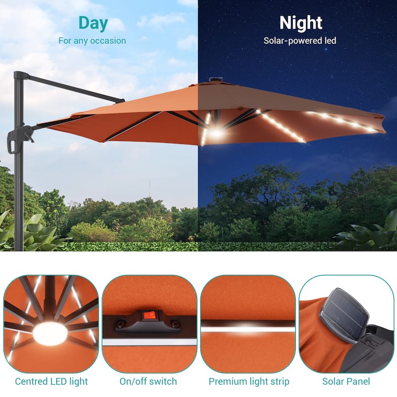 BONOSUKI 11FT LED Cantilever Patio Umbrella Angle Adjustment w/Cross Base