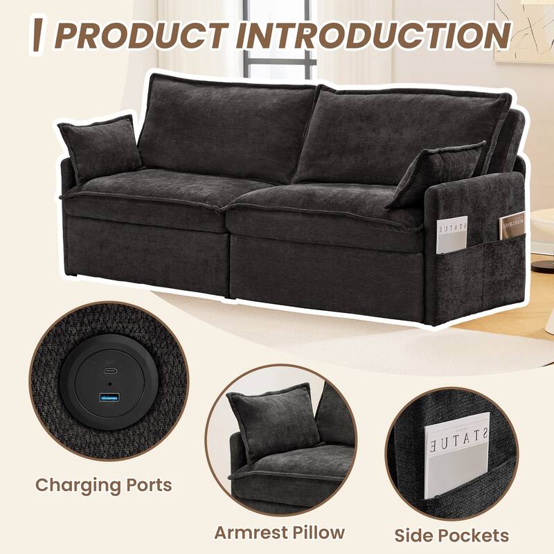 Convertible Sofa Bed, Sleeper Loveseat Pull Out Couch Bed, 3 in 1 Corduroy Couch with Side Pockets, USB/C-TYPE Ports