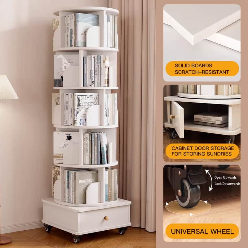Anmytek 360 Rotating 6 Tier Corner Bookshelf with Drawer Floor Standing Wood Storage Organizer