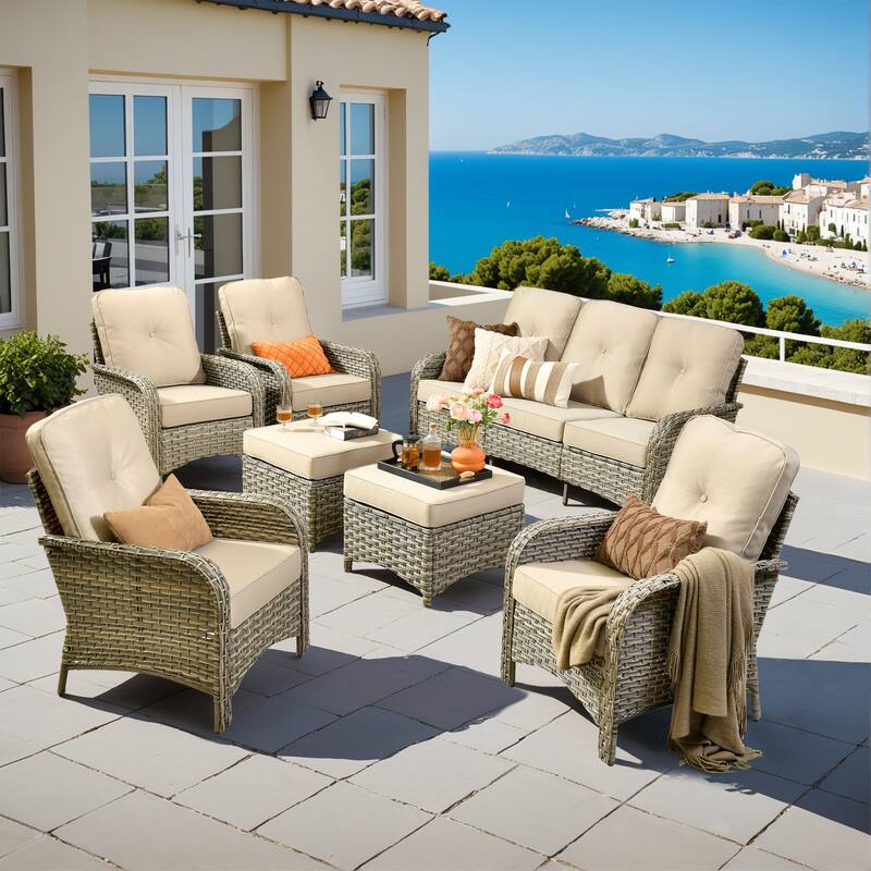 XIZZI 7-Piece Outdoor Patio Furniture Conversation Set with Ottomans - Beige