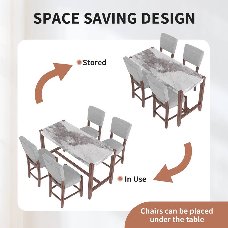 5-Piece Counter Height Dining Table Set, Faux Marble Bar Table and 4 Upholstered-Seat Chairs, Modern Dining Set for Dining Room