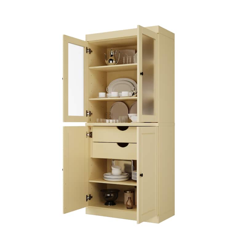 Palace Imports 100% Solid Wood Pantry Cabinet with Frosted Glass Doors, Solid Doors, 2-Drawers and Adjustable Shelves - Yellow