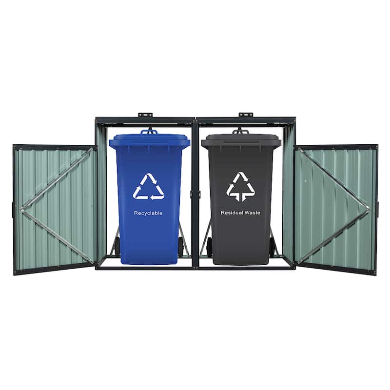 Garbage Bin Shed Stores 2 Trash Cans Metal Outdoor Bin Shed for Garbage Storage