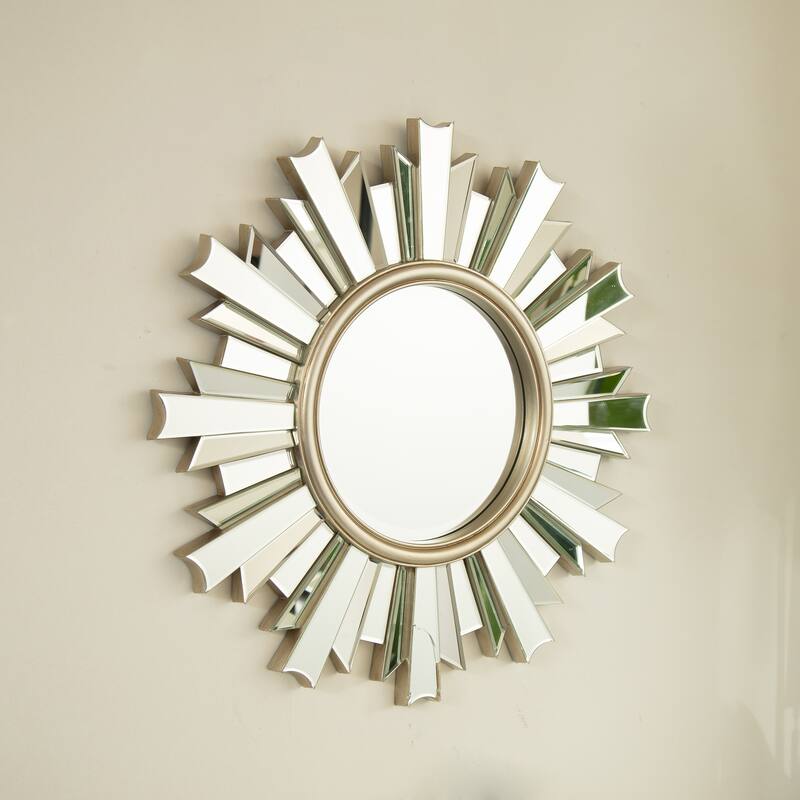 HenGis Sunburst-Shape PU Art Decorative Mirror - Wall-Mounted, Bathroom, Bedroom - Silver