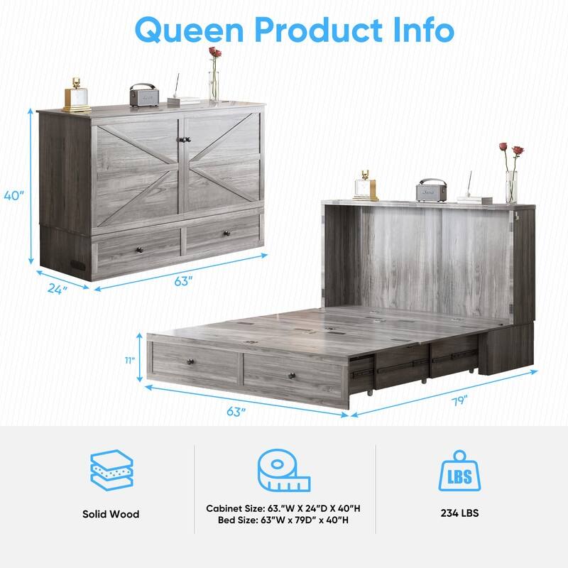 Mixoy Modern Full/Queen Size Murphy Bed Chest with Storage，USB Charging Station，No Mattress