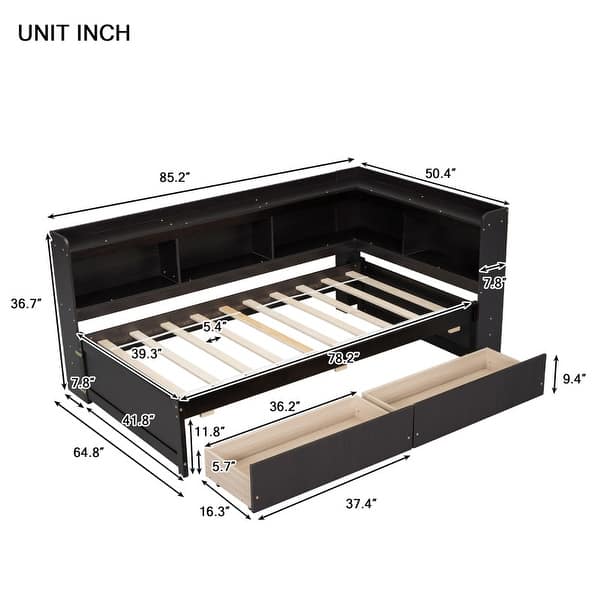 dimension image slide 3 of 6, Wood Platform Bed with L-shaped Bookcases and Drawers