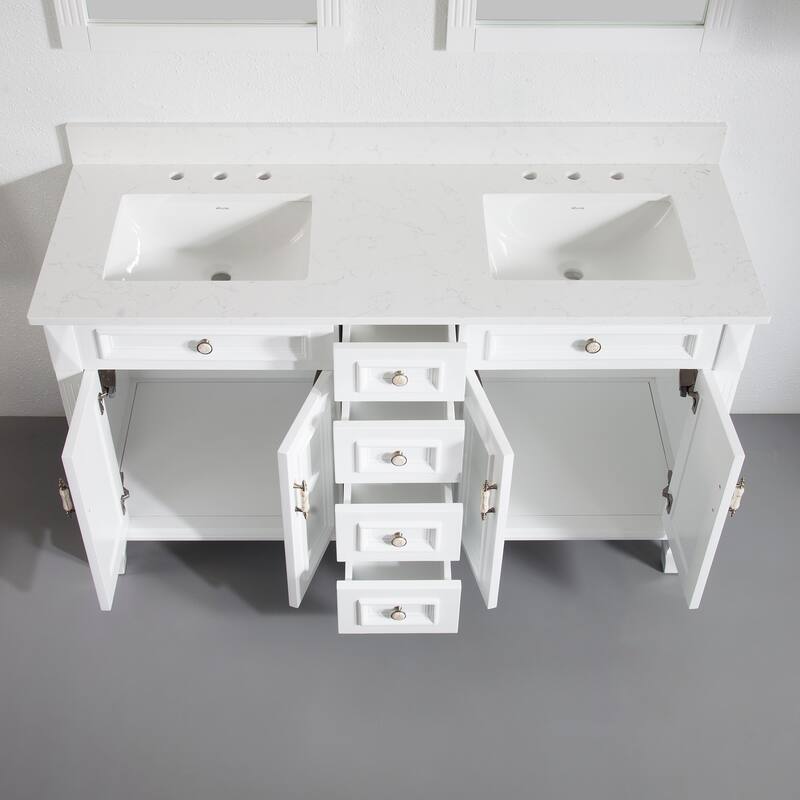 35'' H Solid Wood Bath Vanity with Stain-resistant Carrera White Quartz Top and Double Sink