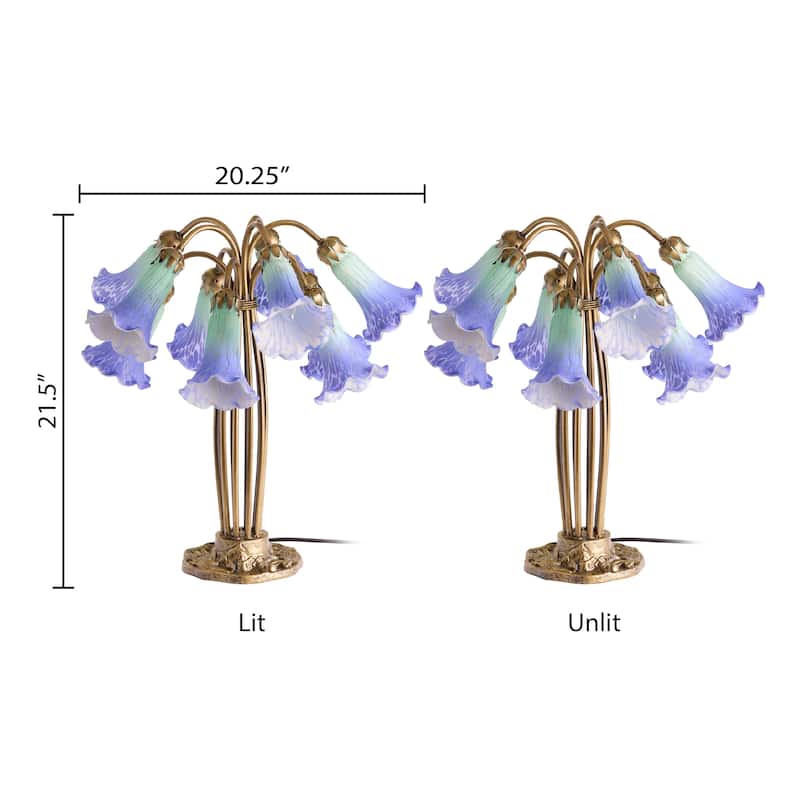 21.5-inch Antique Brass and Hand Blown Glass 10 Lily Downlight Table Lamp - 20.25" x 20.25" x 21.5"