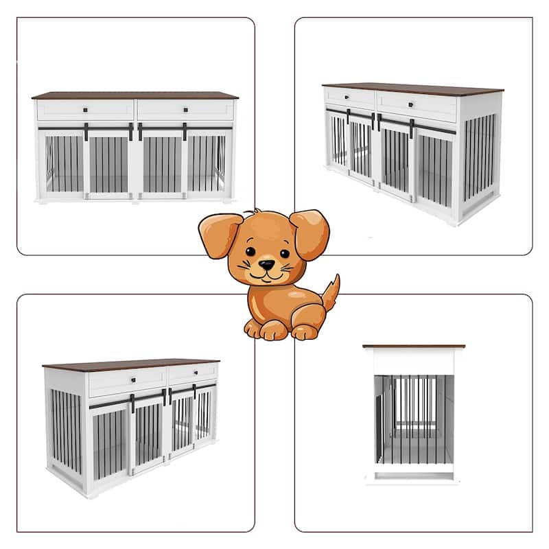 63''L Dog Crate Furniture for 2 Dogs, Large Double Dog Kennel Furniture TV Stand, Furniture Style Dog Crate End Table