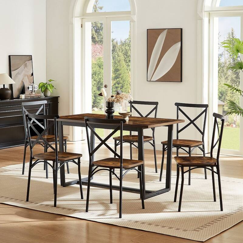 7 Piece Industrial Dining Table Set with 6 Chairs with Backrest for Kitchen