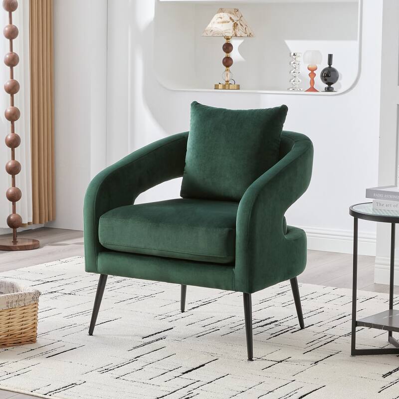 Modern Velvet Open Back Accent Chair Barrel Dining Chair Metal Legs Charcoal Living Room - Green