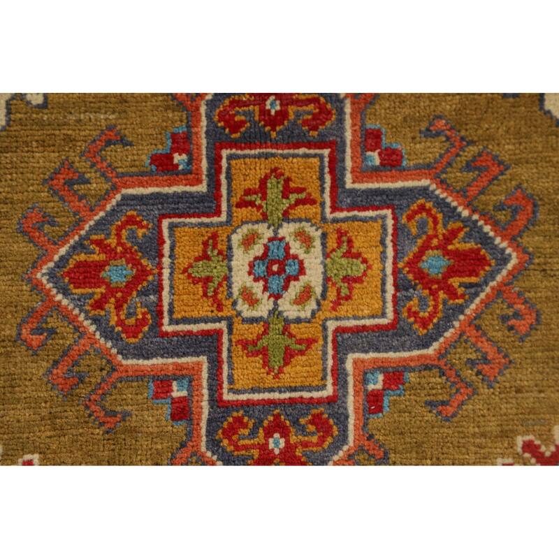 Kazak Accent Rug Handmade Yellow Geometric Wool Carpet - 3'4" x 4'10"