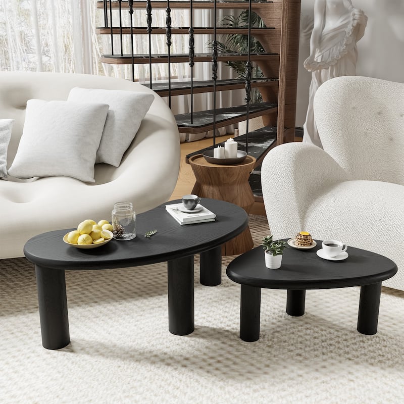 Modern Nested Coffee Tables Set 2-Piece Irregular Shaped Solid Wood Accent Tables for Home Office Living Room