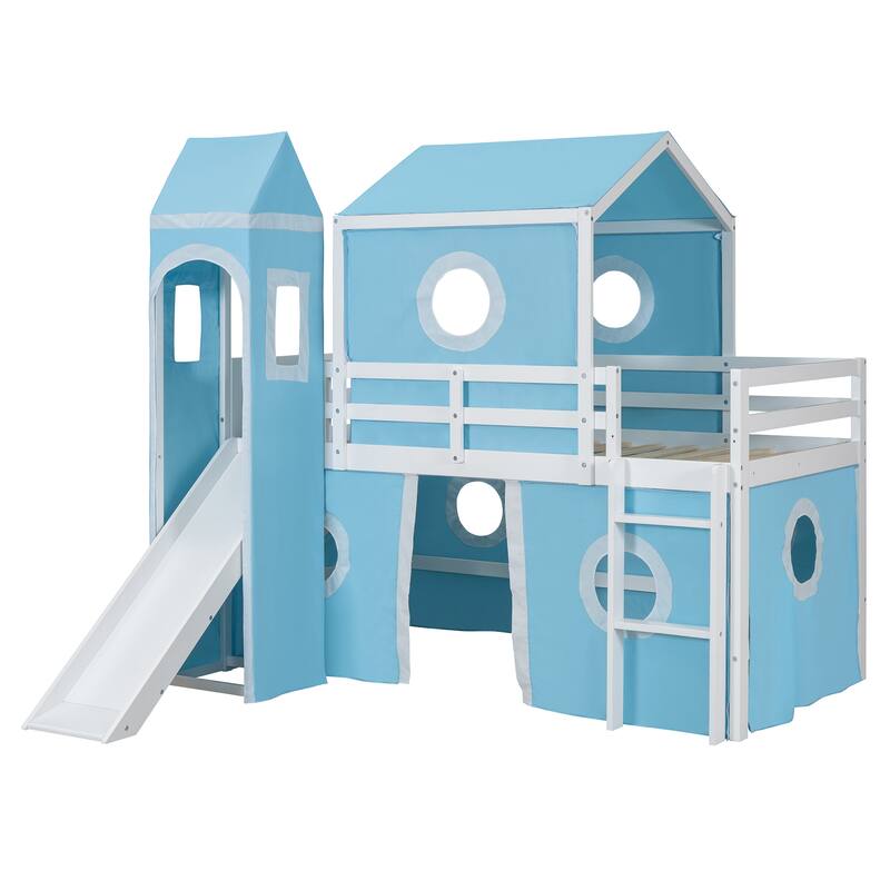 Blue Twin Size Loft House Bed with Slide, Tent, & Tower