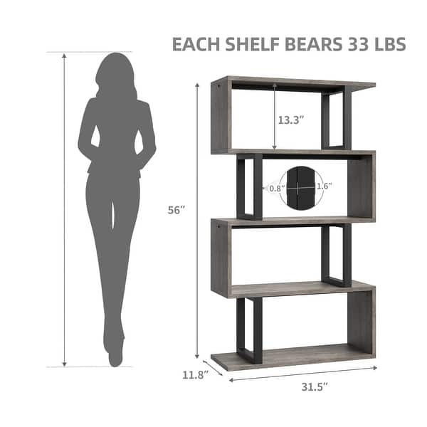 dimension image slide 3 of 5, Hermoth Wood 5 Tiers Bookshelf S-Shaped Z-Shelf Style Bookcase Storage Display