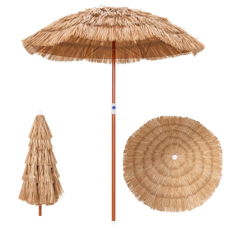 6 ft Portable Thatched Tiki Beach Umbrella with Tilt and Adjustable Height for Patio or Pool