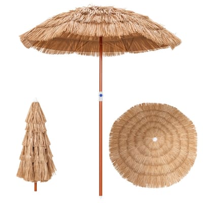 6 ft Portable Thatched Tiki Beach Umbrella with Tilt and Adjustable Height for Patio or Pool