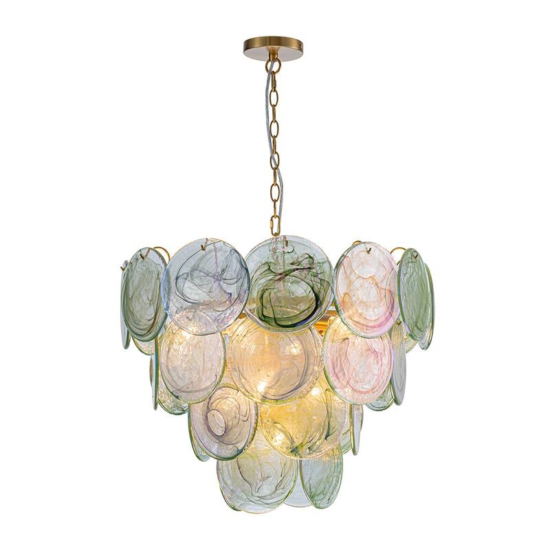 Glam Tiered Pearlescent Green Misty Glass Round Chandelier