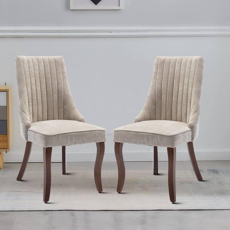 Classic Elegant Set of 2 Rayon Cloth Flocking Linen Fabric Upholstered Dining Chairs - Beige
