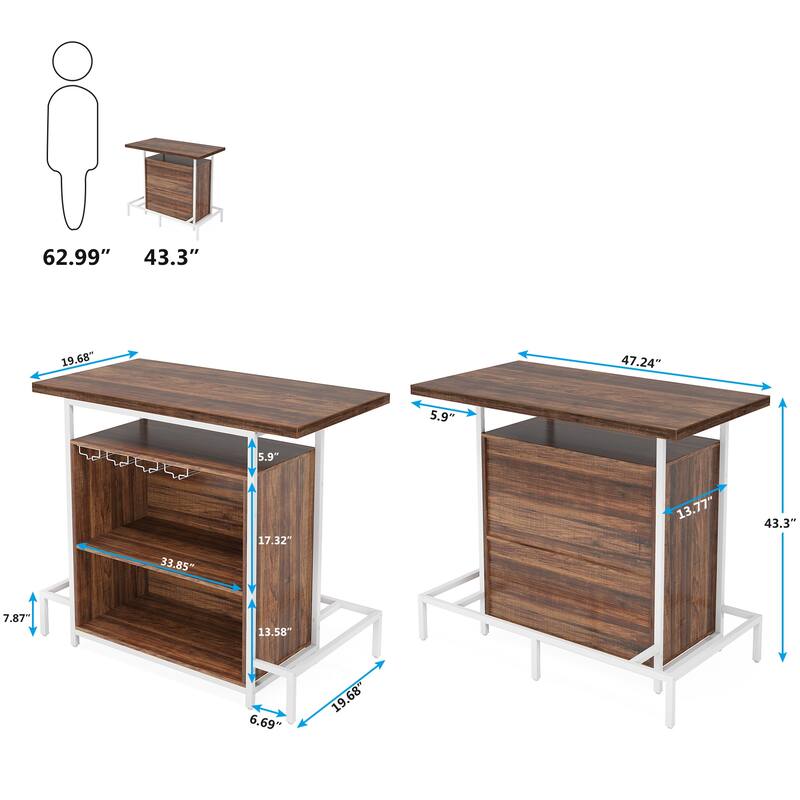 3-Tier Home Bar Unit with Glasses Holder and Wine Storage - 19.7"D x 47.24"W x 43.3"H