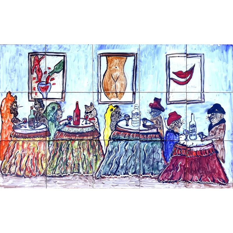 30x18 Novelty Cat Diner Backsplash Design Ceramic Tiles Wall Mural