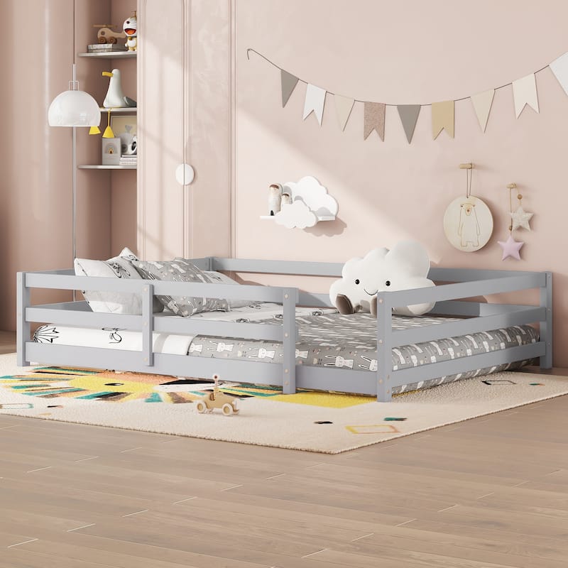 Toddler Montessori Bed Kids Floor Bed Frame with Fences, No Slats Wood Frame Bed for Kids Girls Boys Children's Room