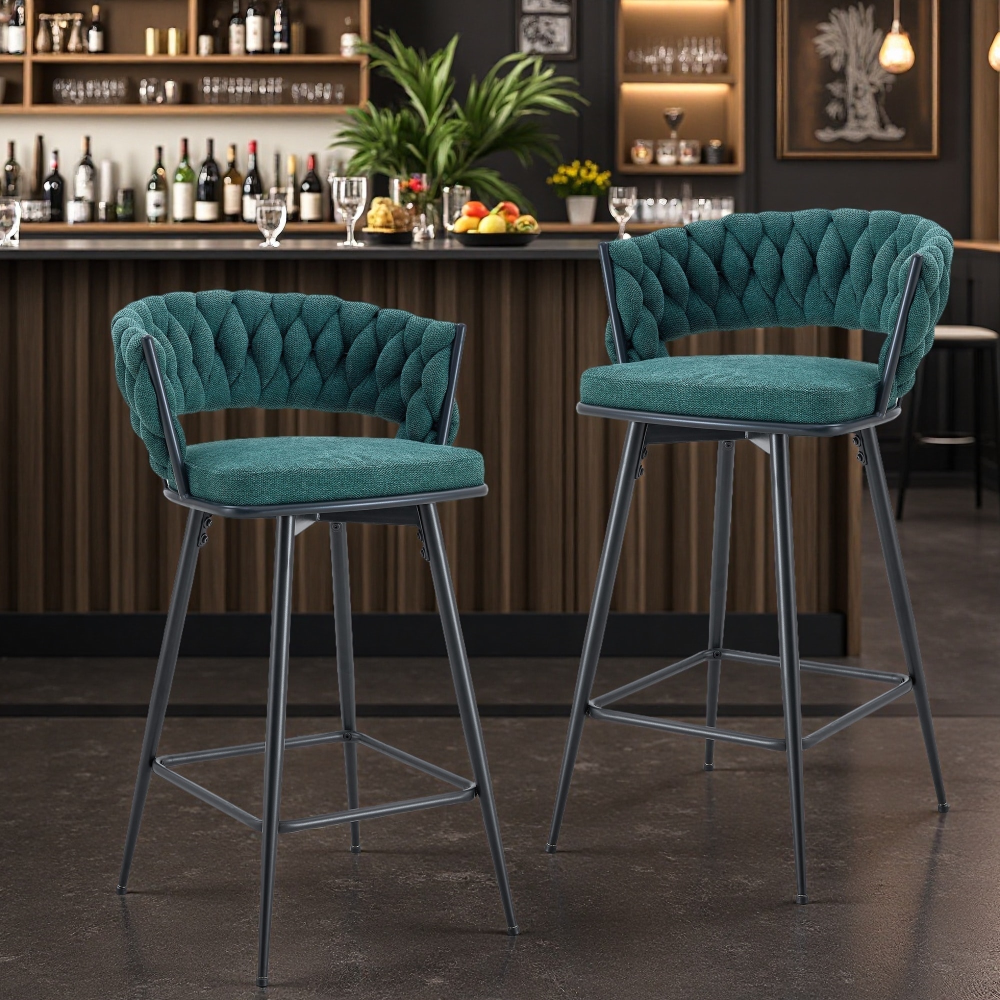 34.6"H Set of 2 Swivel Bar Stools 360° Rotating With Cotton Linen Cushions, Anti-Rust Metal Frame, Non-Slip Foot Ring