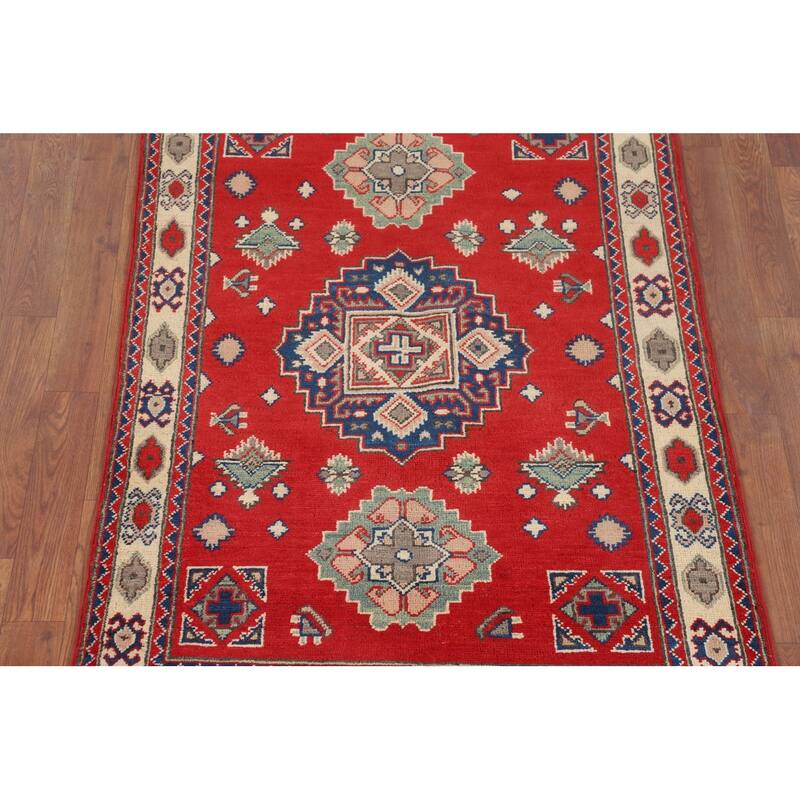 Red Kazak Accent Rug Handmade Geometric Wool Carpet - 3'2" x 4'11"