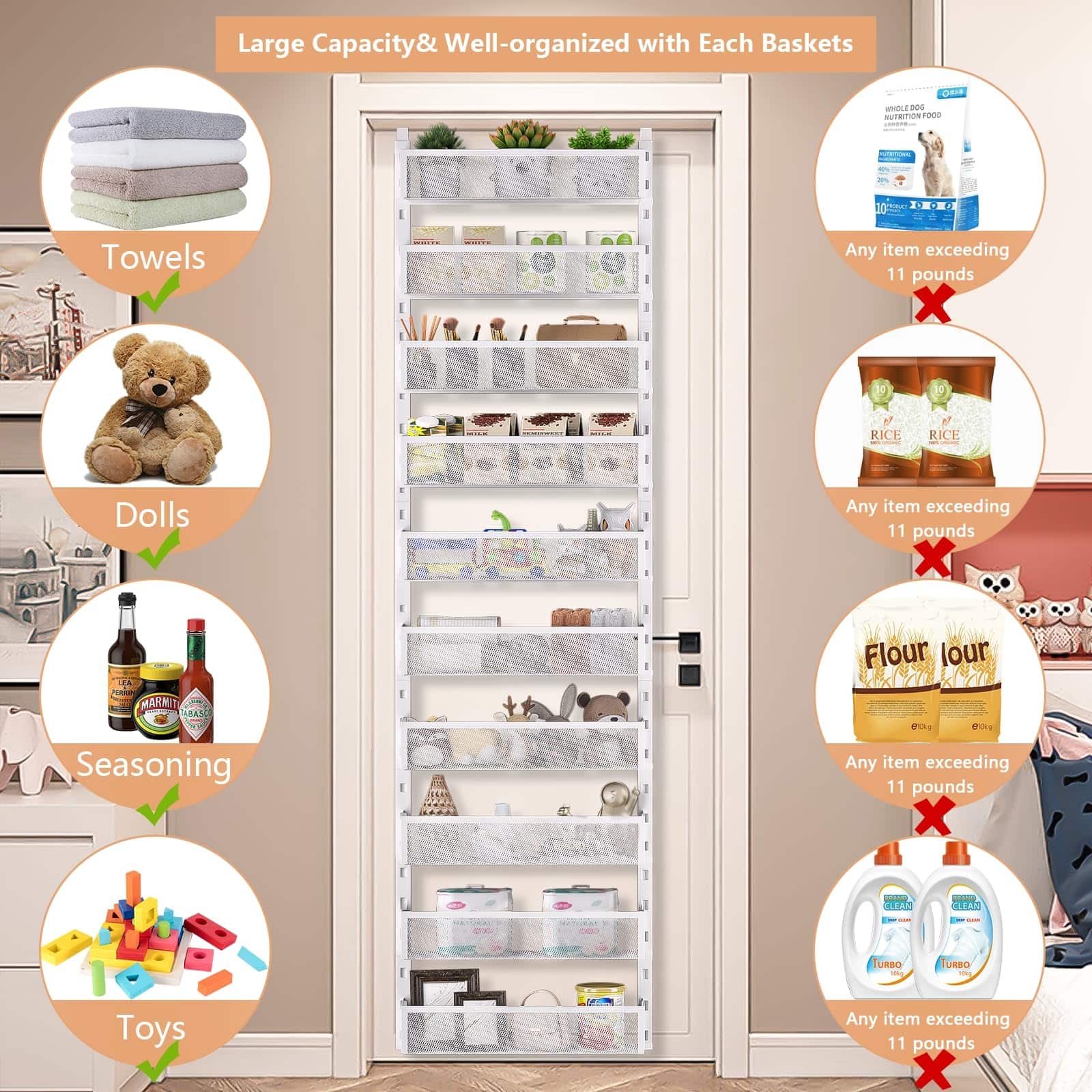 Over the Door Pantry Organizer, Adjustable, Metal, 10 White, Large