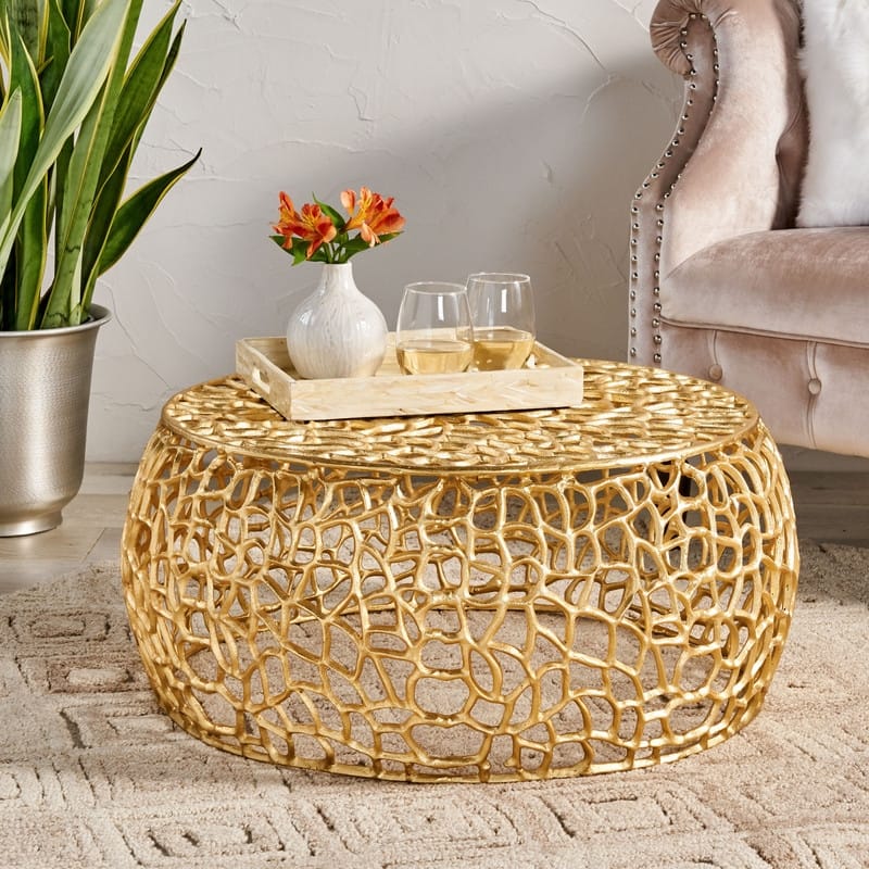 Modern Aluminum Round Coffee Table,Gold Drum Coffee Table Mesh Round Coffee Table - Gold