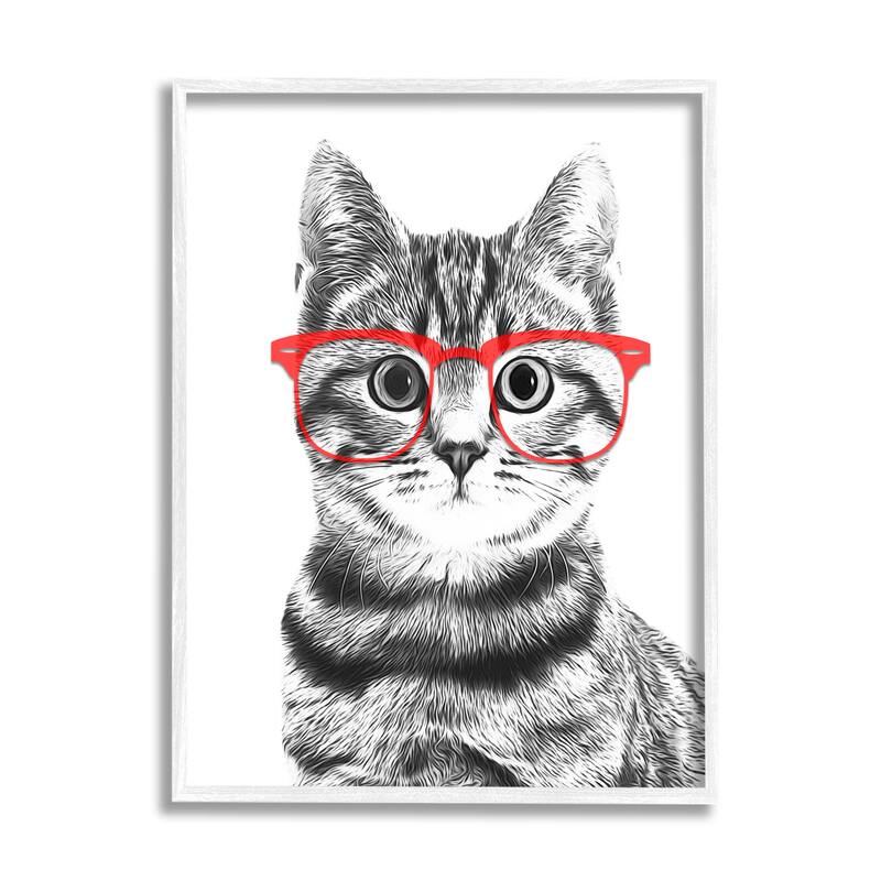 Stupell Black White Monochrome Cat Red Glasses Design Framed Wall Art - 16 x 20 - White